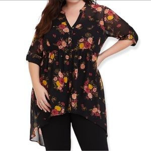 Torrid Top Black Lexie Tunic Floral Shirt Sheer Chiffon Blouse Size 2X